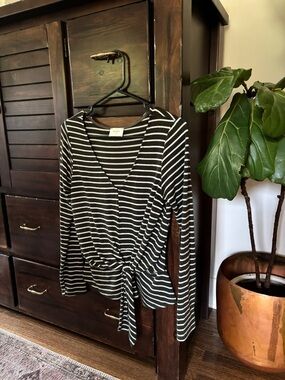 Everly Dark Green & White Striped Tie-Waist Long Sleeve Top